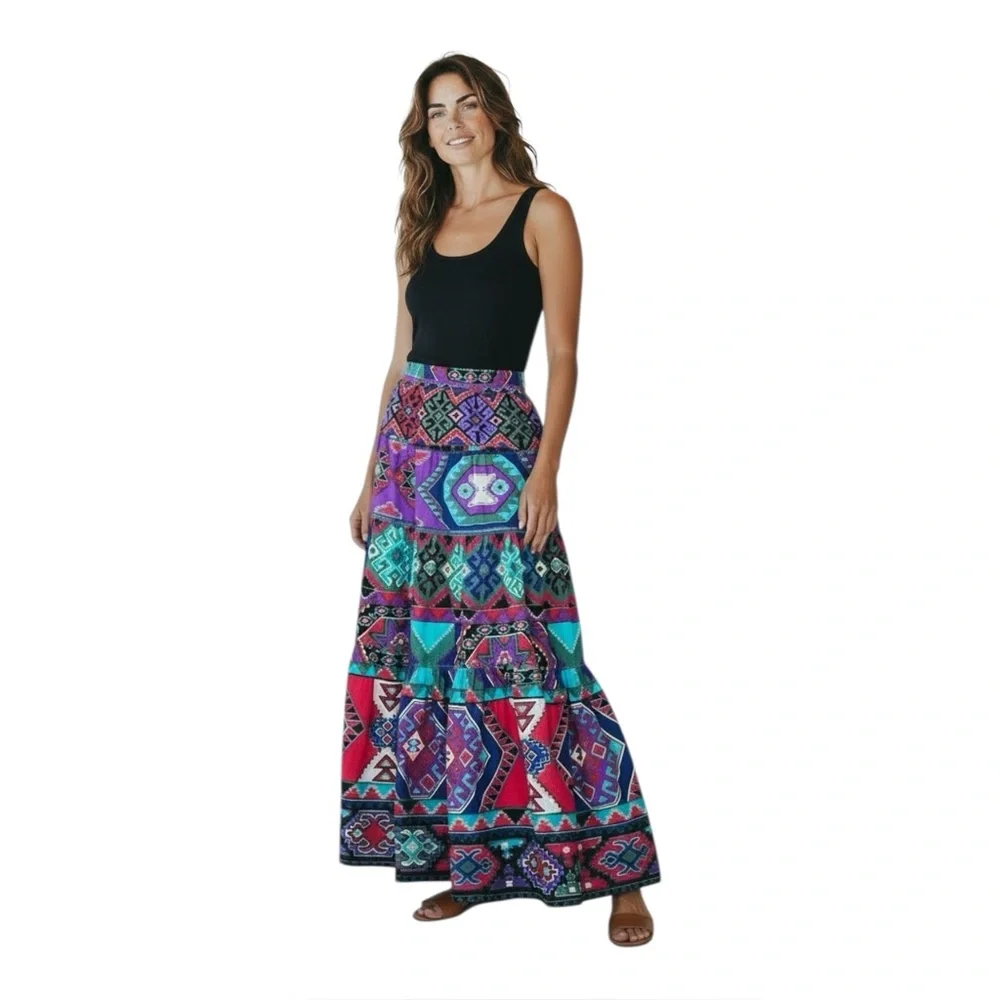 Vintage Willowbend Aztec Southwestern Full Tiered Prairie Maxi Skirt USA